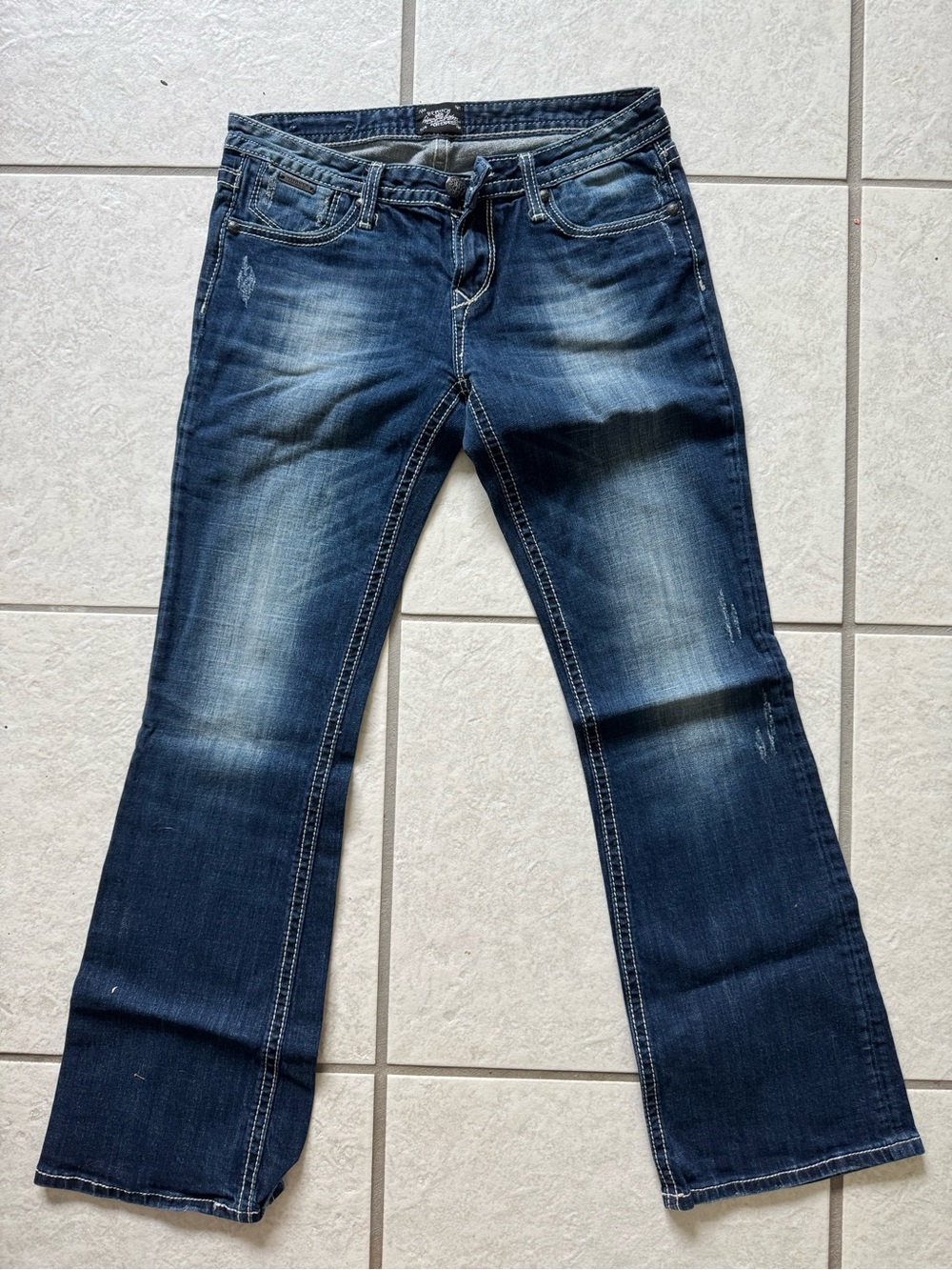 Express Women’s Dark Blue Bootcut Jeans with Subtle Fading